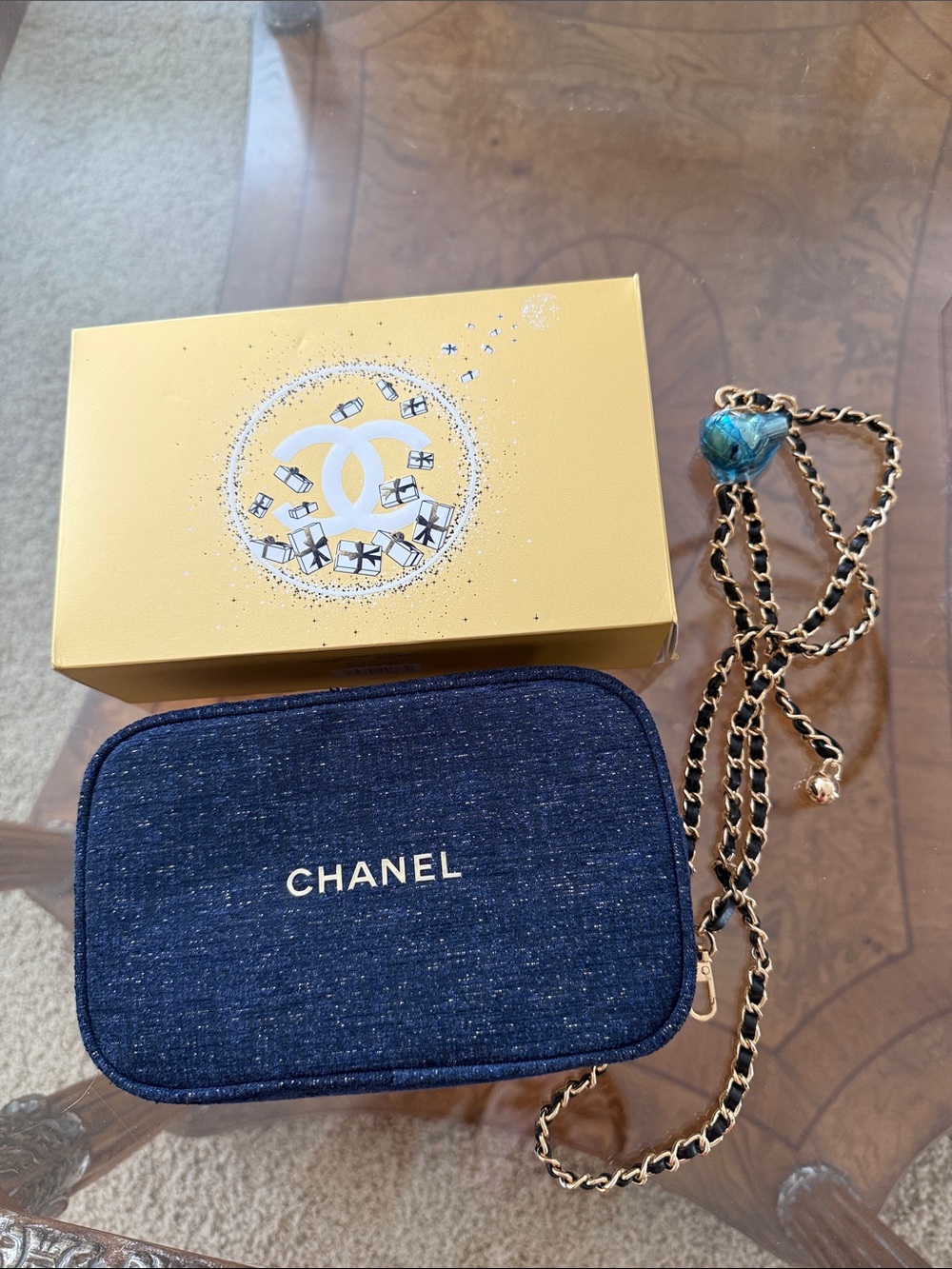 CHANEL Navy Denim Cosmetic Case and Gold Chain 💙